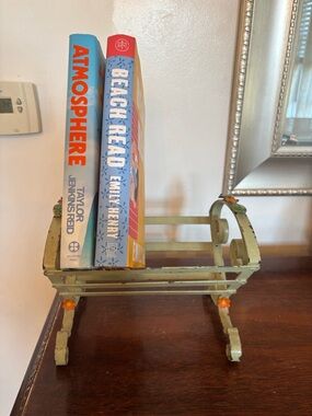 Decorative Metal Book Stand in Pale Green with Orange Flower Accents